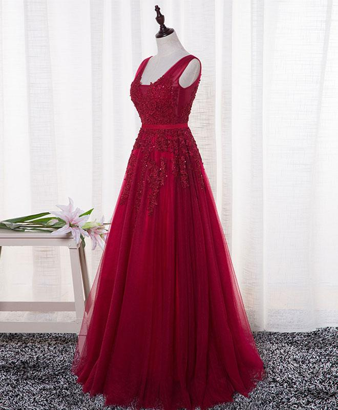 Charming Wine Red Bridesmaid Dress, Lace V-Neckline Party Gown gh541