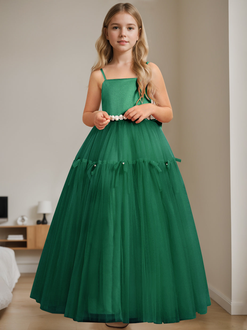 A-Line/Princess Square Neck Sleeveless Floor-Length Flower Girl Dress with Beading