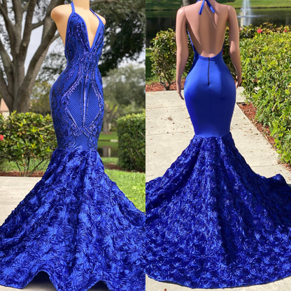 Prom Dress Royal Blue Halter V Neck Open Back Mermaid Sleeveless YL0109