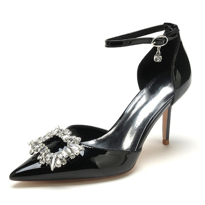 Women's Wedding Shoes Patent Leather Stiletto Pointed Toe Square Crystal Bridal Shoes