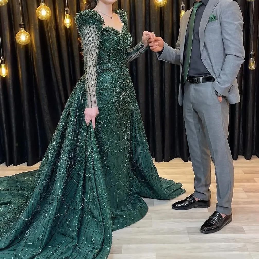 Elegant Green Applique Prom Dress Long Sleeve Mermaid Dress XM0300