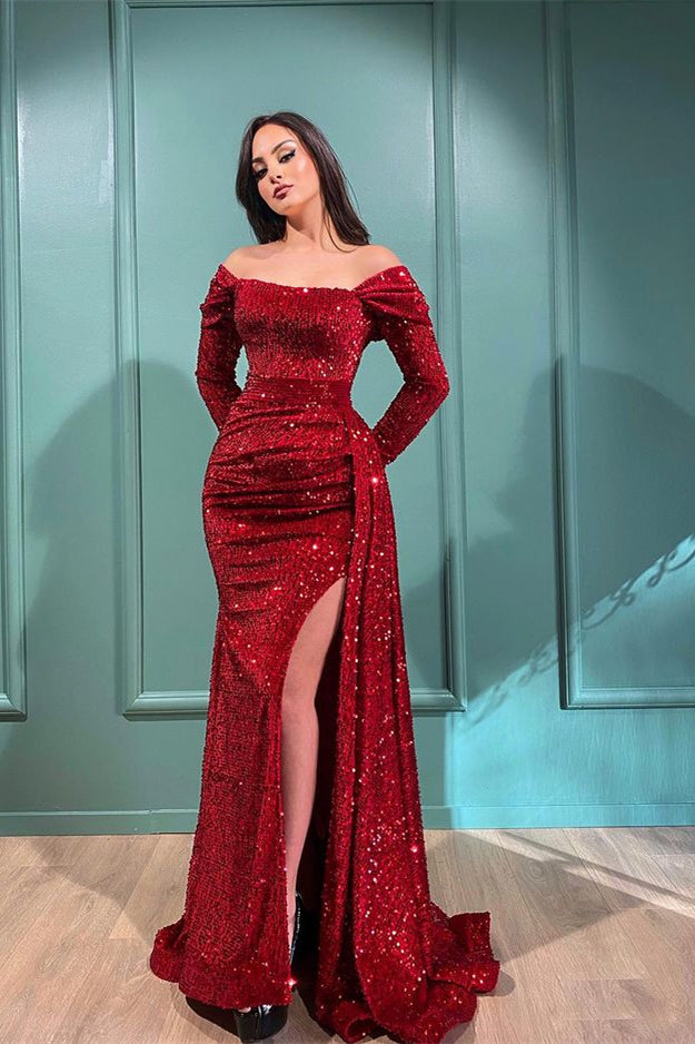 Burgundy Split Mermaid Prom Dress With Detachable Ruffles PD0844