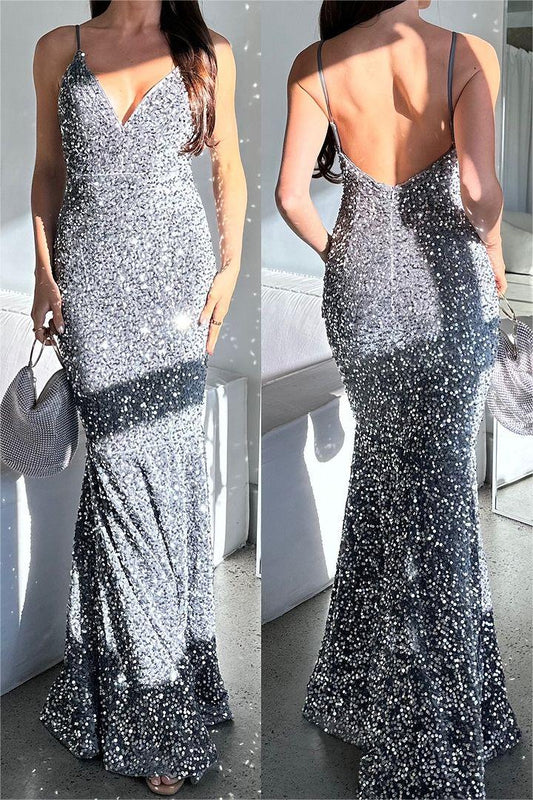 edgynewlook Glamorous Sequins Spaghetti Strap Sleeveless Mermaid Prom Dress with Beadings