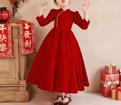 Beaded High Neck Long Sleeves Floor Length Red Girl Party Dress