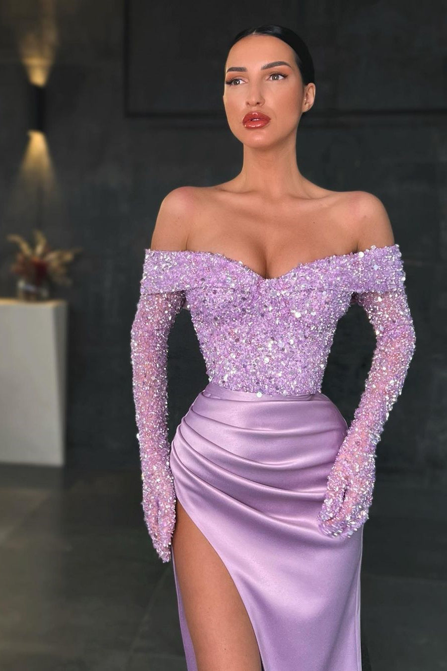 Long Sleeves Sequins Prom Dress Mermaid With Slit PD0447