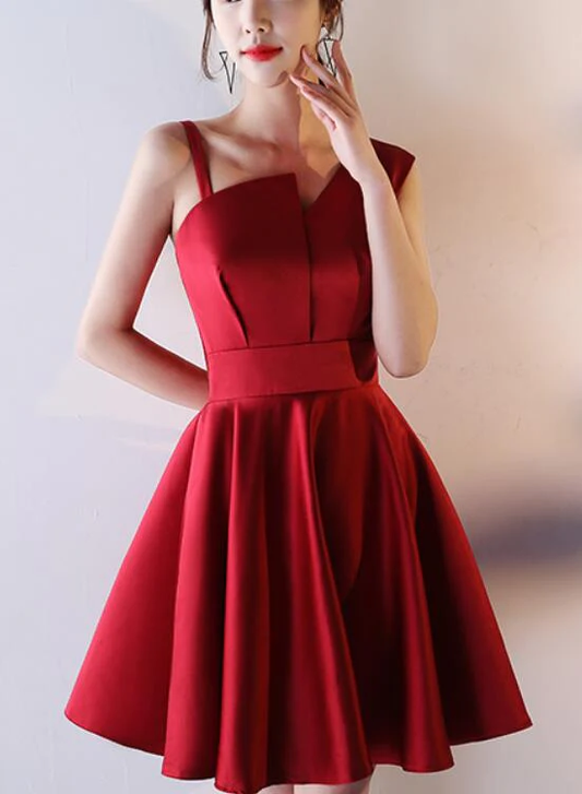 Beautiful Dark Red Satin One Shoulder Mini Party Dress, Wine Red Homecoming Dress gh424