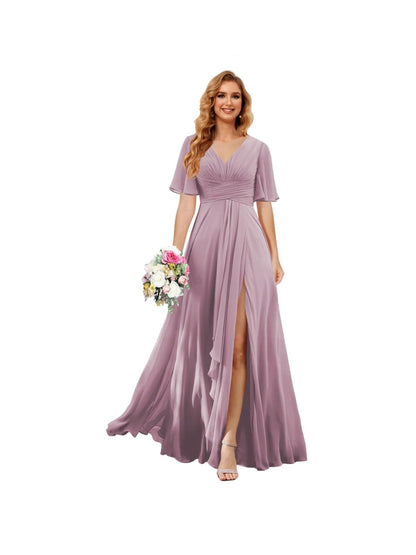 A Line/Princess  V Neck Short Sleeve Floor Length  Bridesmaid Dresses Chiffon with Slit