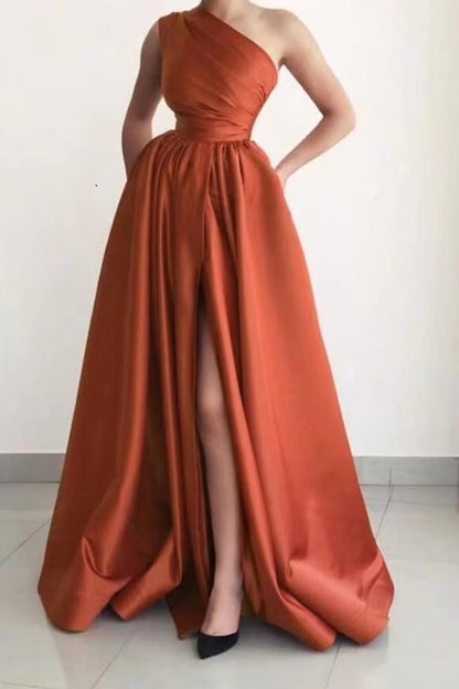 Burnt Orange One Shoulder Elegant Prom Dress A Line Split With Pockets ED0115