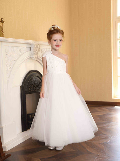 Ball-Gown Satin Tulle One-shoulder Sleeveless Ankle-Length Flower Girl Dresses With Bowknot