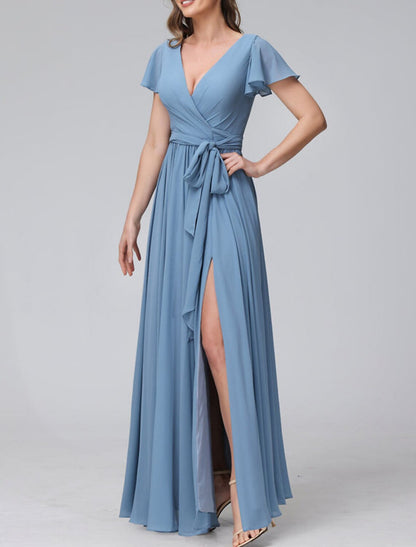 A-Line/Princess V-Neck Floor-length Long Bridesmaid Dresses