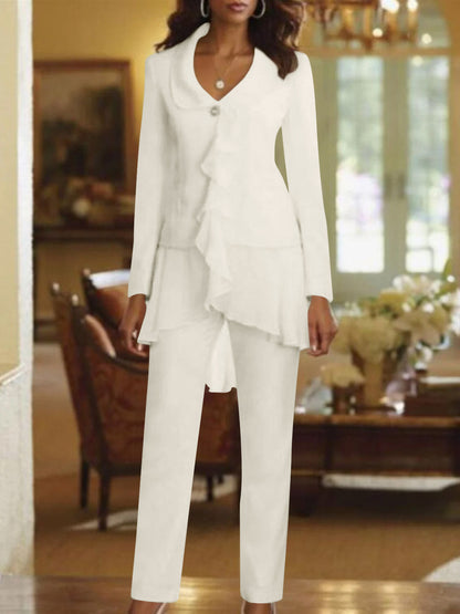 White V-Neck Long Sleeves Floor Length Mother of the Bride Pantsuits With Ruffle