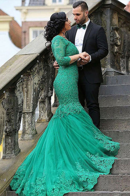 Emerald 3/4 Sleeves Mermaid Prom Dress V-Neck With Lace AppliquesPD0597