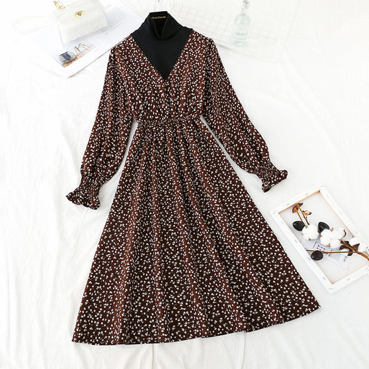 Corduroy floral dress with slim waist and vintage dress  4555