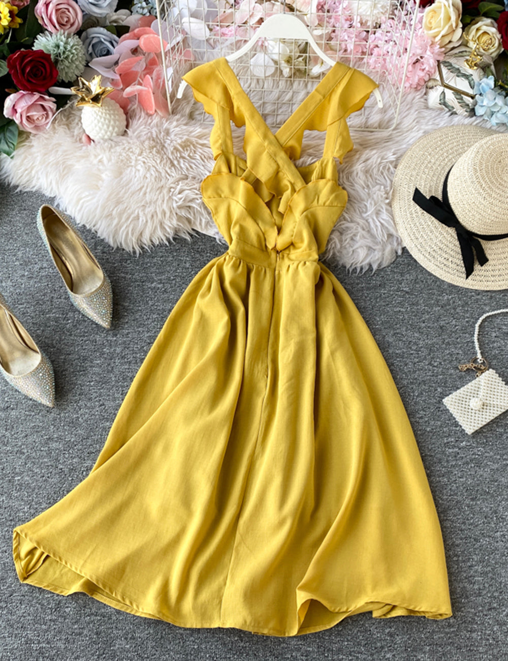 Fashion girl dress A line yellow summer dress  1220