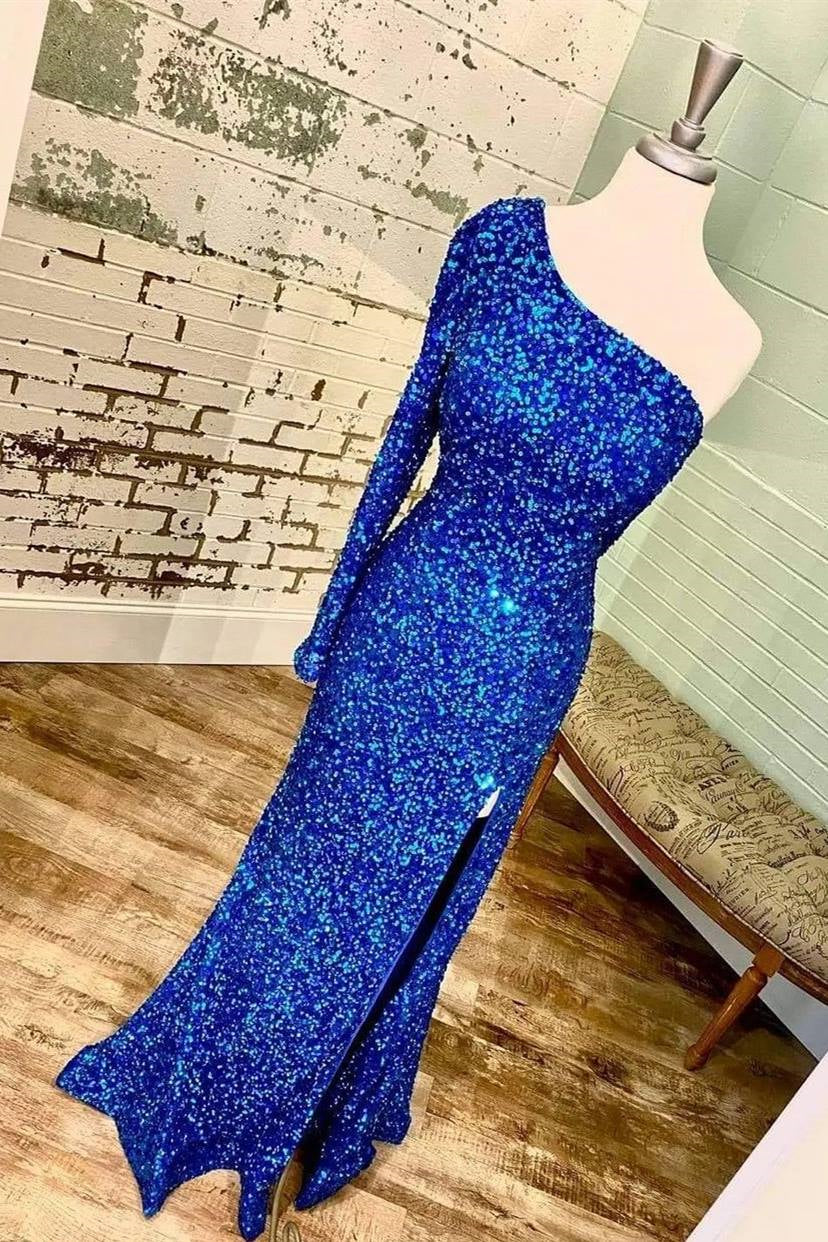 Edgynewlook Long Sleeves One Shoulder Prom Dress Sequins With Split