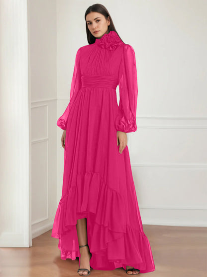 A-Line/Princess Jewel Neck Long Sleeves Asymmetrical Mother of the Bride Dresses with Flower & Ruffles