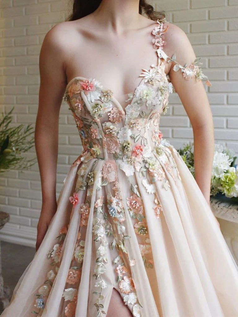 Elegant One Shoulder Champagne Prom Dresses with Flower, One Shoulder Champagne Floral Formal Evening Dresses gh2066