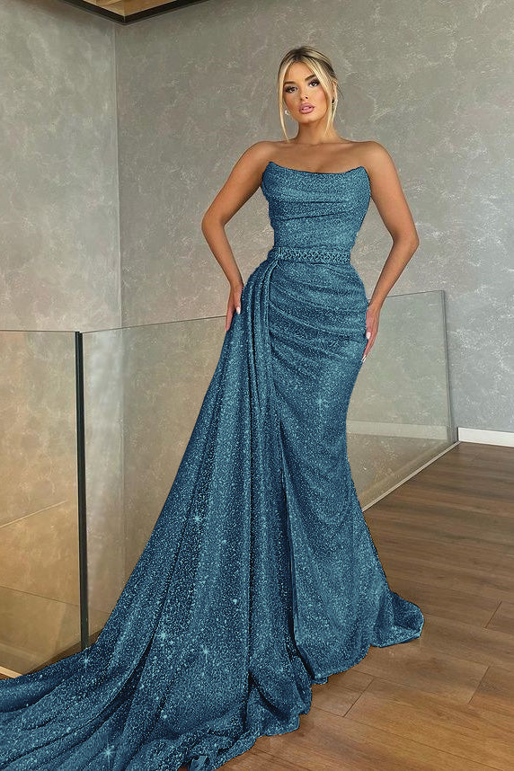 Baby Blue Strapless Sleeveless Beadings Mermaid Prom Dress With Sequins PD0817