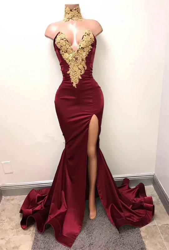 edgynewlook Mermaid Burgundy V-Neck Prom Dress Split With Lace Appliques