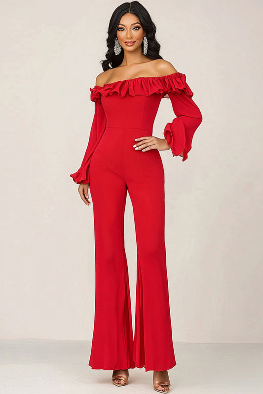 Red Ruffled Off the Shoulder Mother Of the Bride Jumpsuit with Long Sleeves