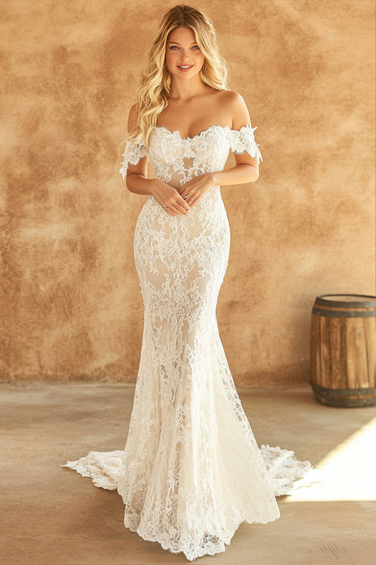 White Mermaid Off the Shoulder Lace Long Wedding Dress