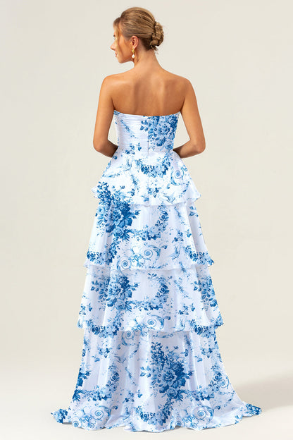 White Blue Flower Ruffled A Line Bridesmaid Dress