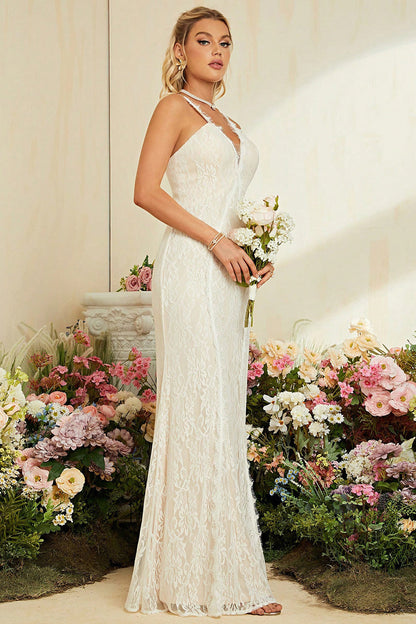 Ivory Apricot Spaghetti Straps Mermaid Lace Long Wedding Dress