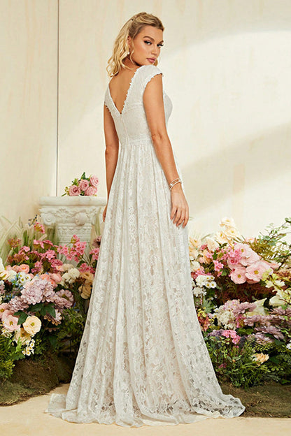 Ivory Apricot Cap Sleeves A Line Lace Long Wedding Dress