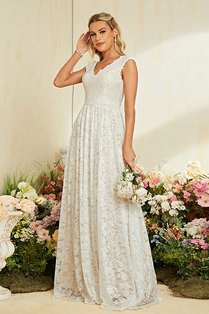 Ivory Apricot Cap Sleeves A Line Lace Long Wedding Dress