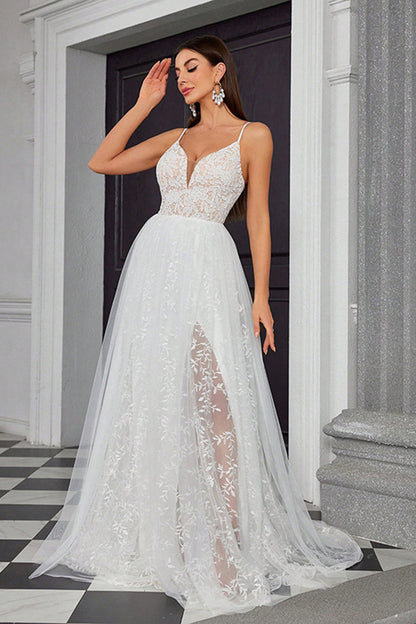 A Line Ivory Spaghetti StrapsAppliqued Long Wedding Dress