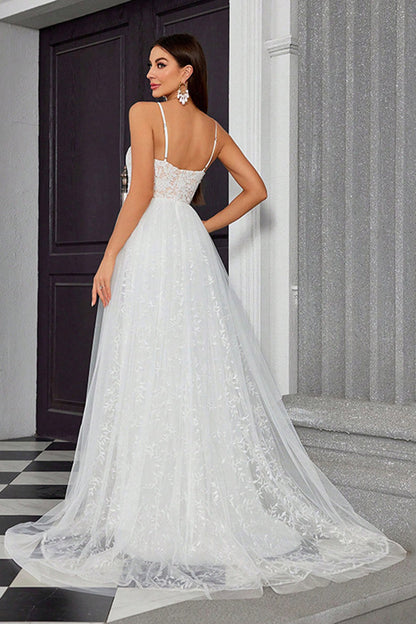 A Line Ivory Spaghetti StrapsAppliqued Long Wedding Dress