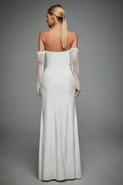 Ivory Off The Shoulder Lace Sleeves Long Wedding Dress with Slit