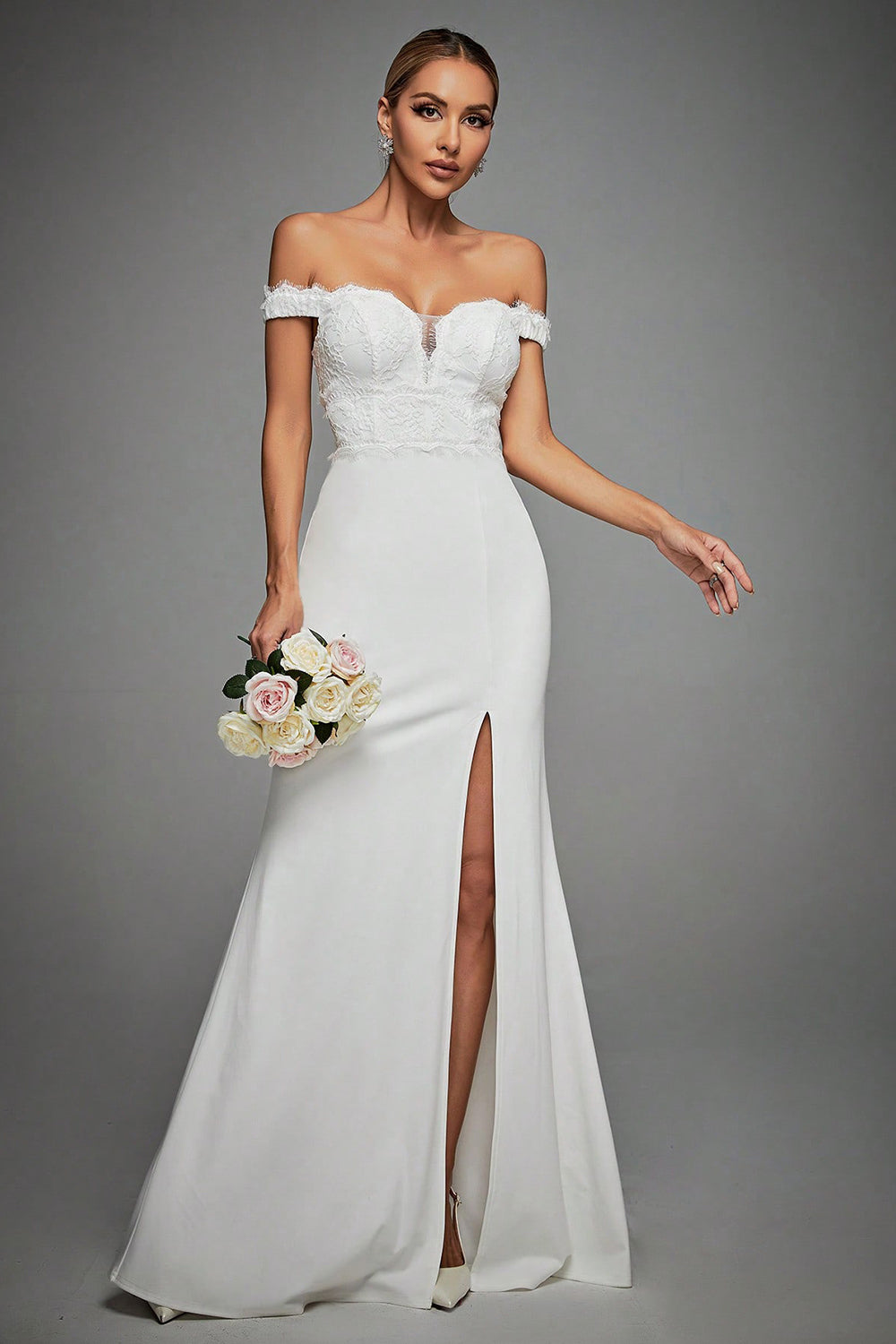 Off The Shoulder Ivory Mermaid Long Wedding Dress with Slit