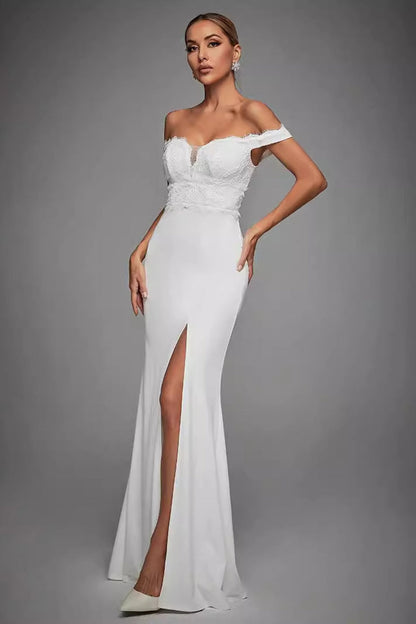 Off The Shoulder Ivory Mermaid Long Wedding Dress with Slit