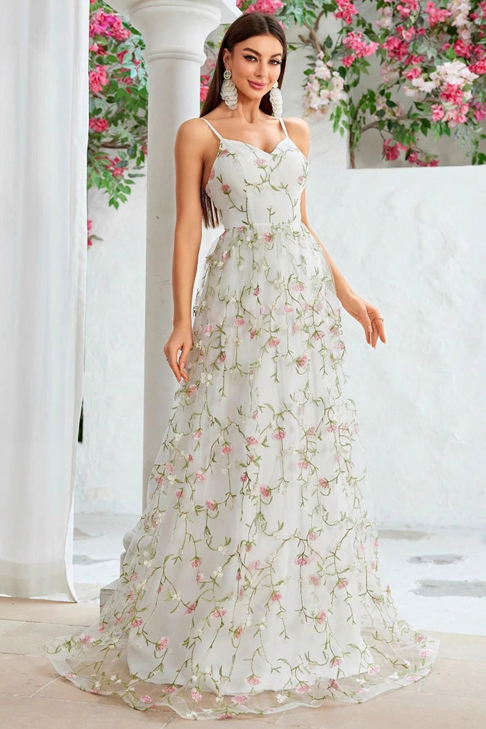 A Line Ivory Flower Spaghetti Straps Embroidery Long Wedding Dress