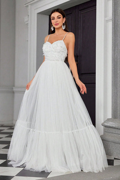 Ivory Pleated A Line Spaghetti Straps Long Wedding Dress