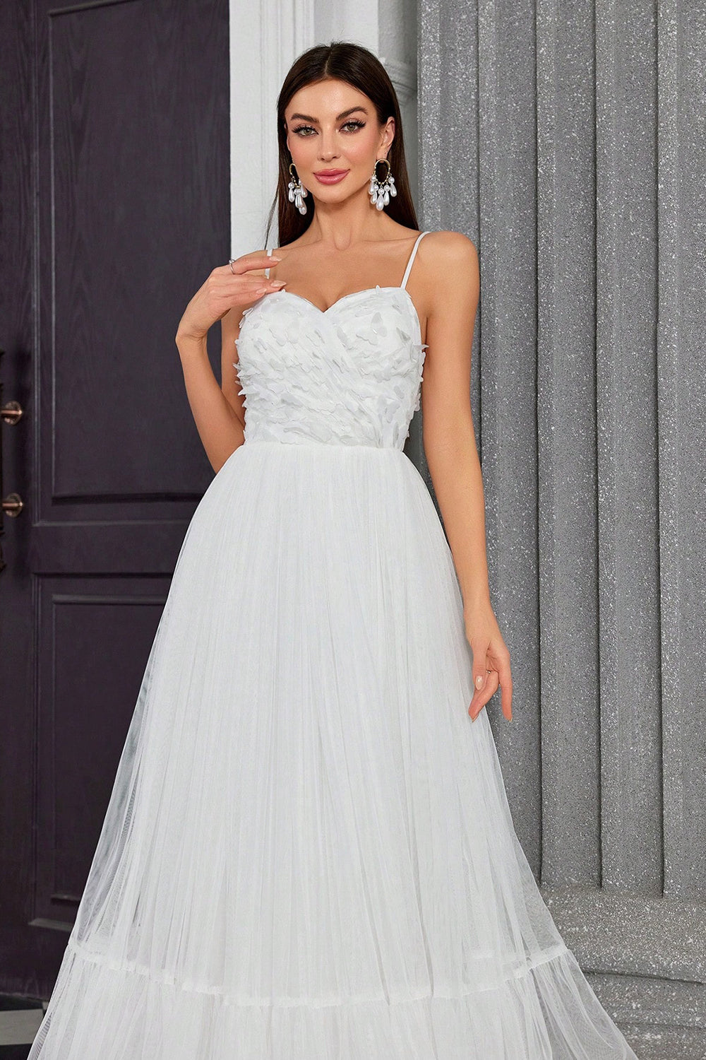 Ivory Pleated A Line Spaghetti Straps Long Wedding Dress