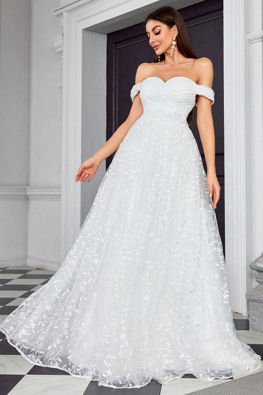 Off The Shoulder A Line Ivory Sweetheart Long Wedding Dress