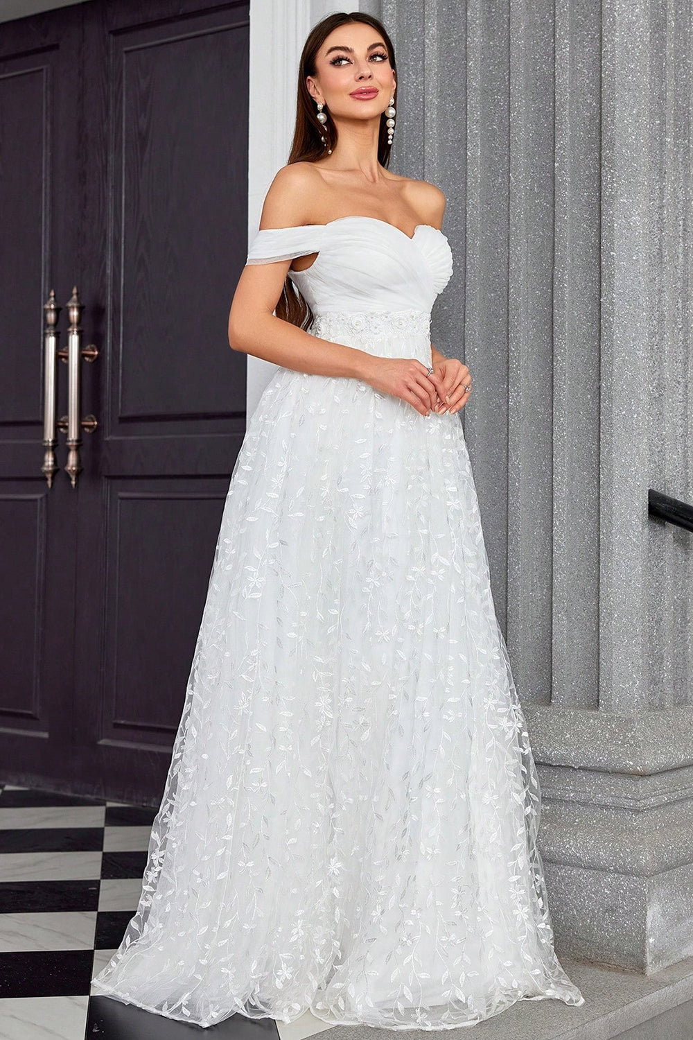 Off The Shoulder A Line Ivory Sweetheart Long Wedding Dress