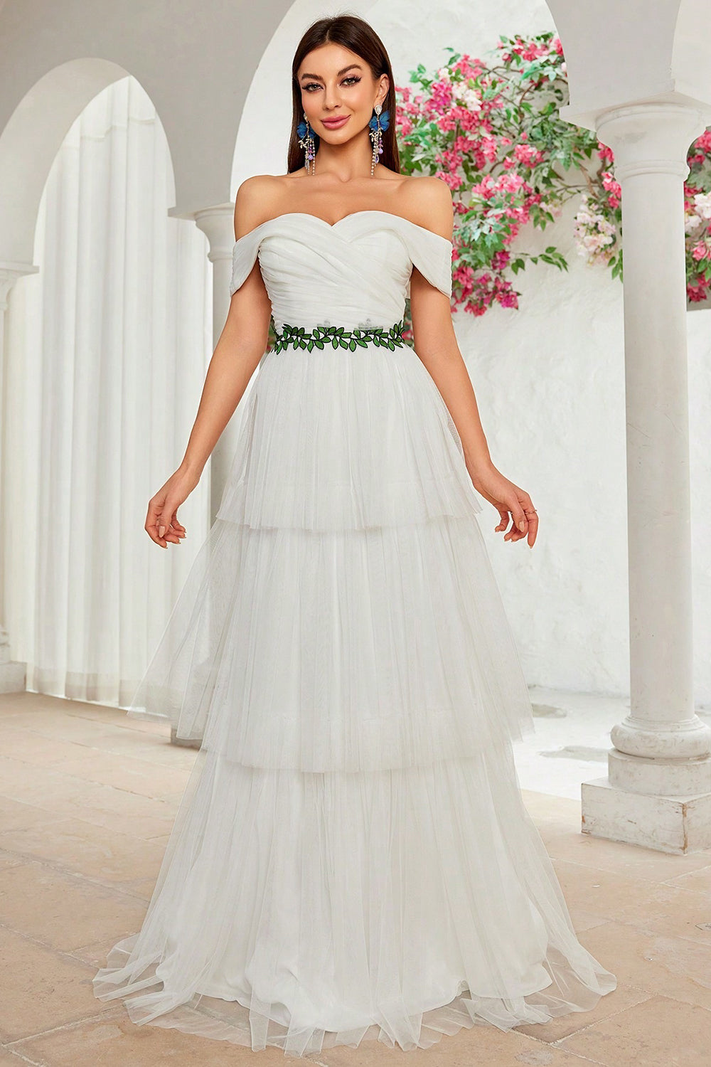 A Line Ivory Off The Shoulder Tiered Tulle Long Wedding Dress