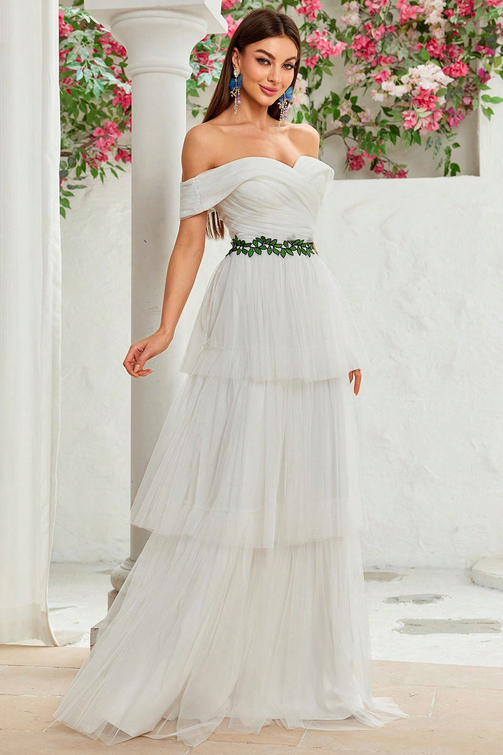 A Line Ivory Off The Shoulder Tiered Tulle Long Wedding Dress