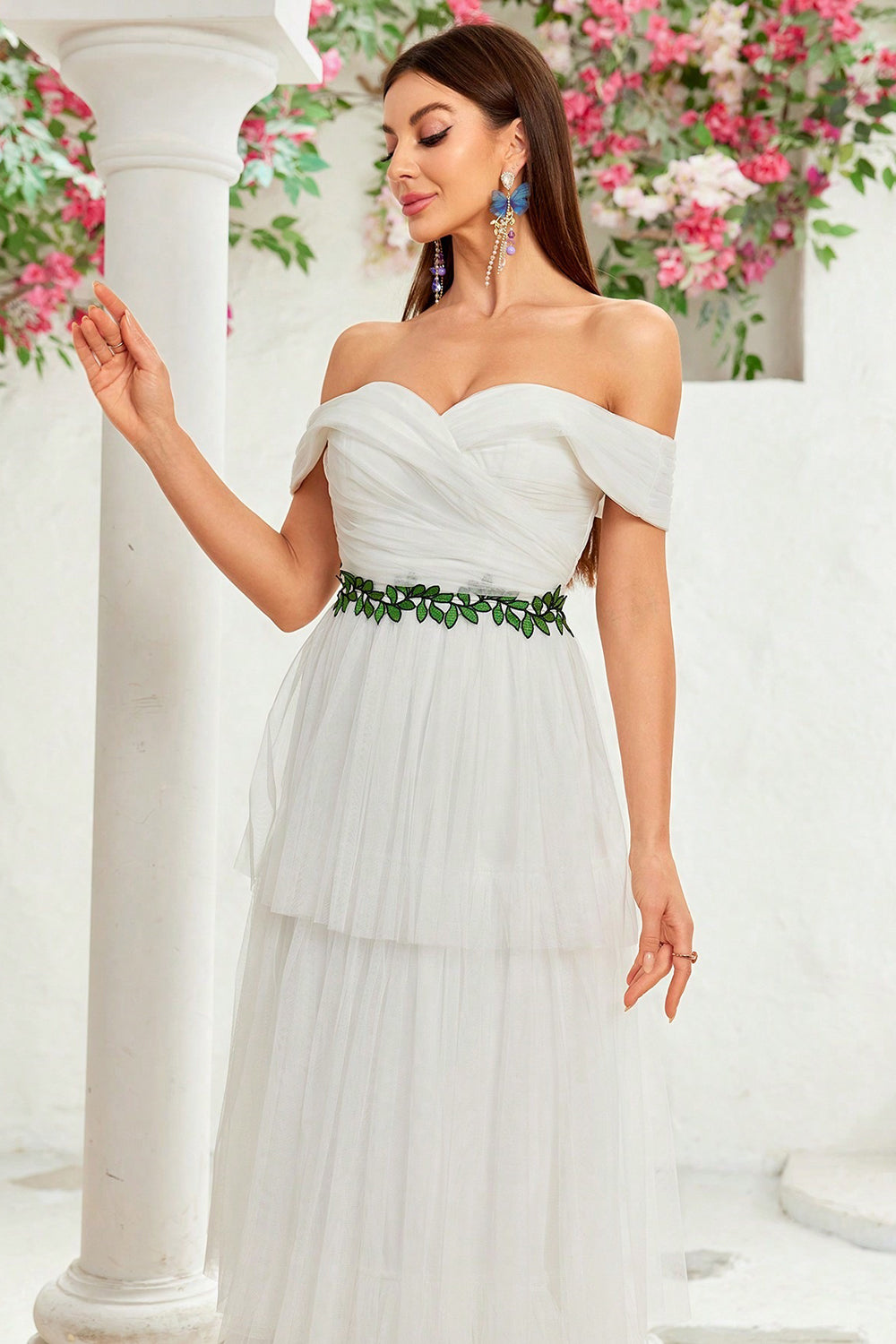 A Line Ivory Off The Shoulder Tiered Tulle Long Wedding Dress