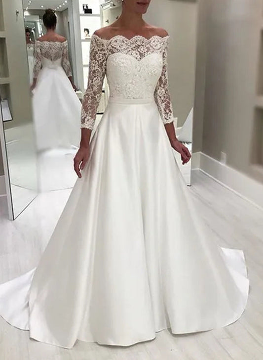 A-Line/Princess Off-the-Shoulder Floor-length Lace Wedding Dress