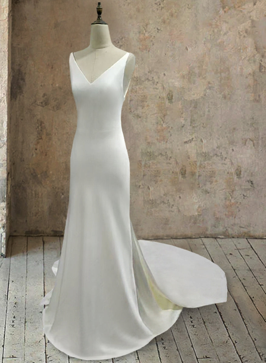 Trumpet/Mermaid White Satin V-Neck Minimalist Sleeveless Wedding Dresses