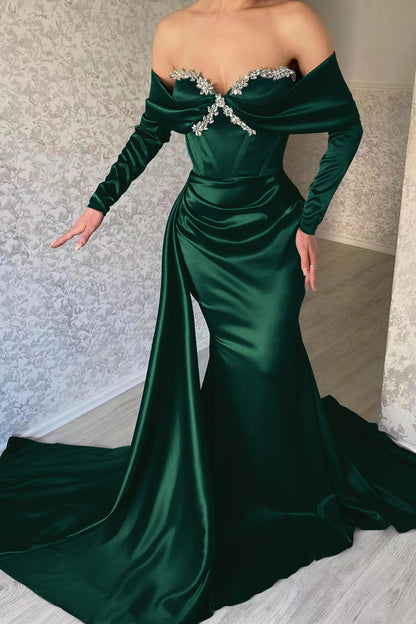 Elegant Sweetheart Portrait Long Sleeves Mermaid Prom Dress With Rhinstone Ruffles ED0396