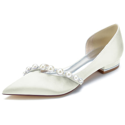 Women's Wedding Shoes White Pearl Low Heel Pointed Toe Minimalism Bridal Shoes