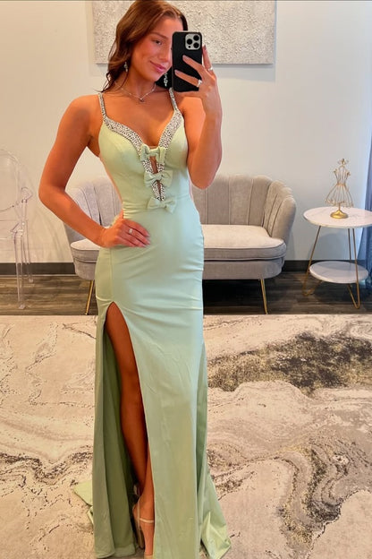 Light Green Split Beaded Spaghetti-Straps Prom Dress ZT0510