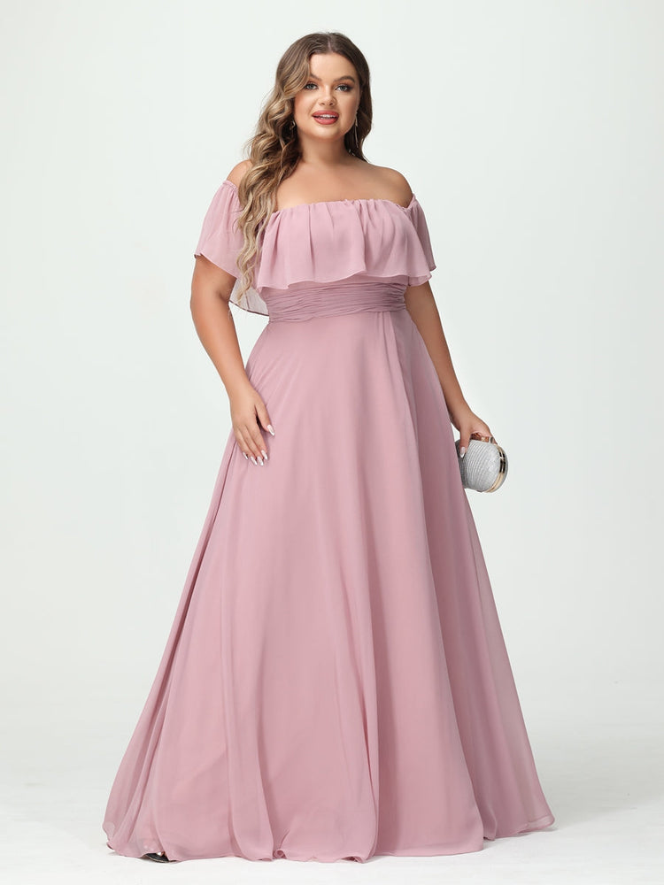 A-Line/Princess Off-the-Shoulder Short Sleeves Chiffon Plus Size Bridesmaid Dresses with Pockets & Split Side