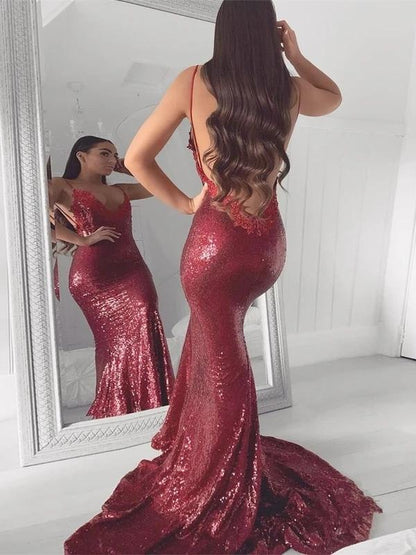 Spaghetti-Straps Mermaid Sequins Prom Dress PD0126