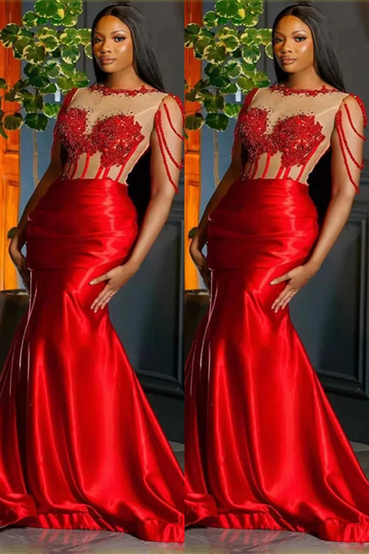 edgynewlook Red Crew Neck Sleeveless Mermaid Princess Prom Dress Trumpet With Beaded